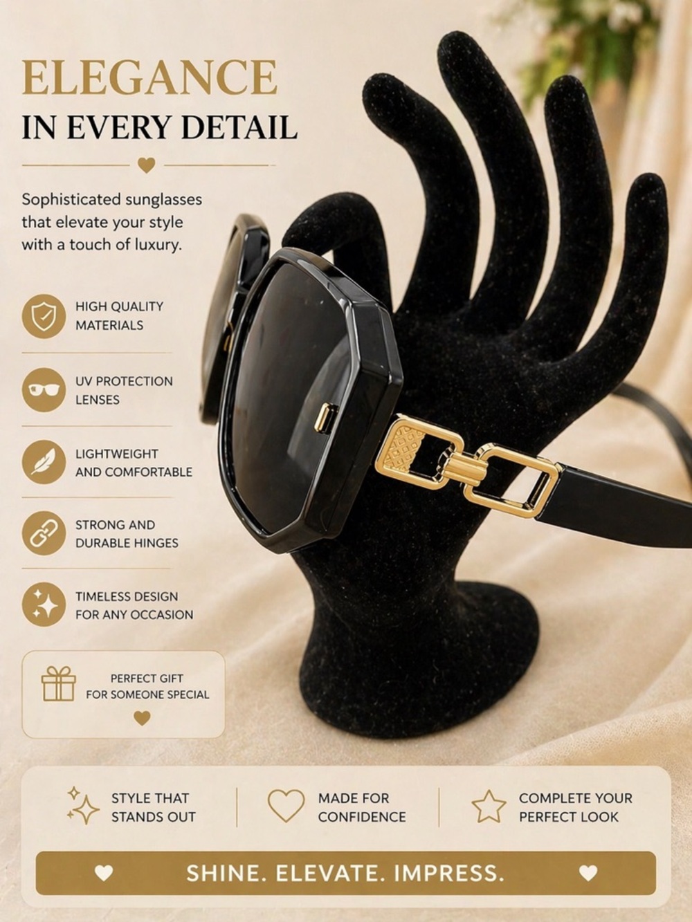 Black Sunglasses with Gold Chain Accent